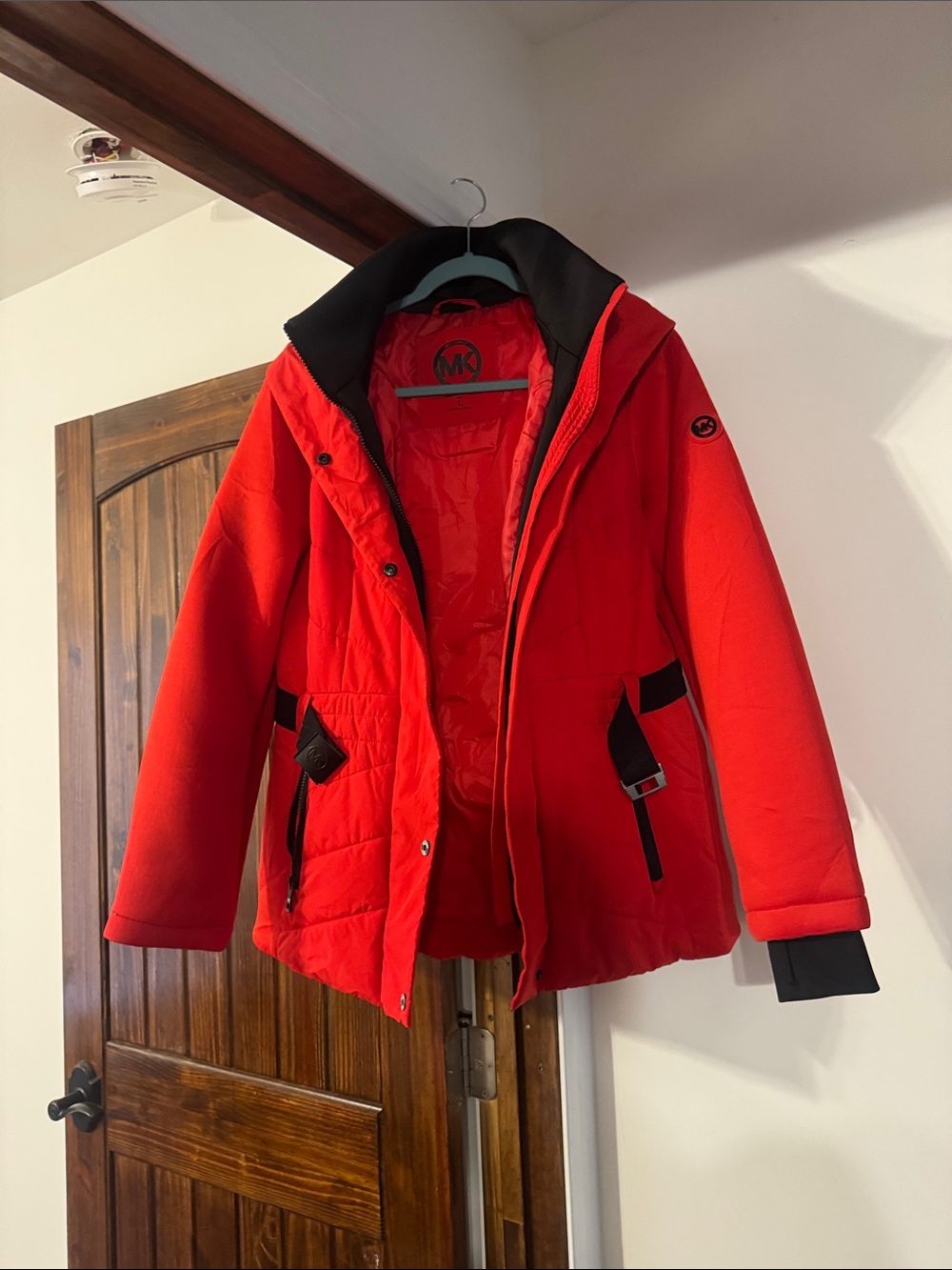 Michael Kors Red Hooded Puffer Jacket with Black Trim